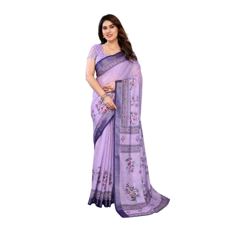 Traditional Women's Linen Cotton Printed Saree With Blouse Piece
