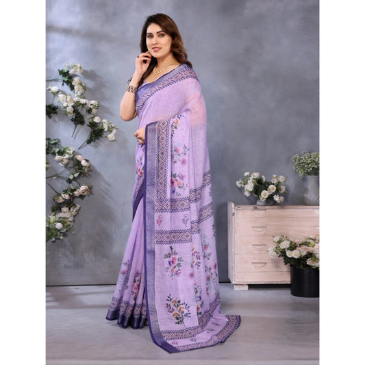 Traditional Women's Linen Cotton Printed Saree With Blouse Piece