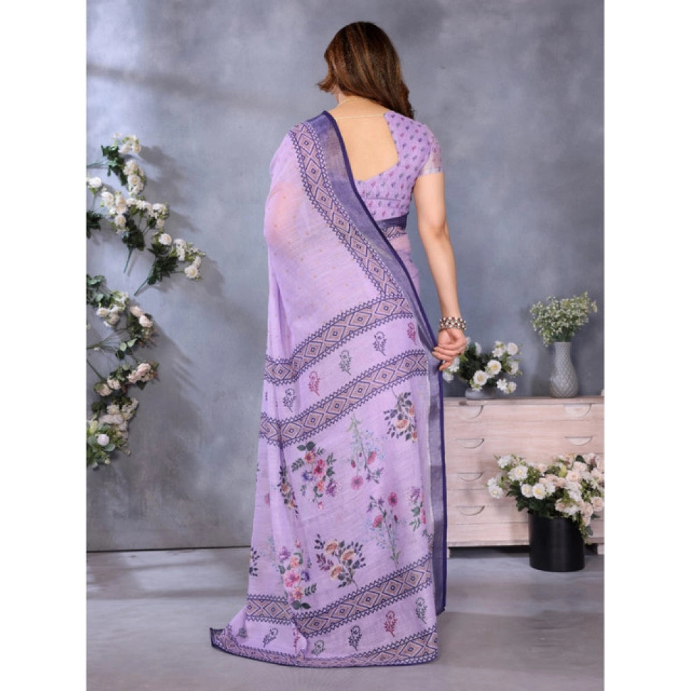Traditional Women's Linen Cotton Printed Saree With Blouse Piece