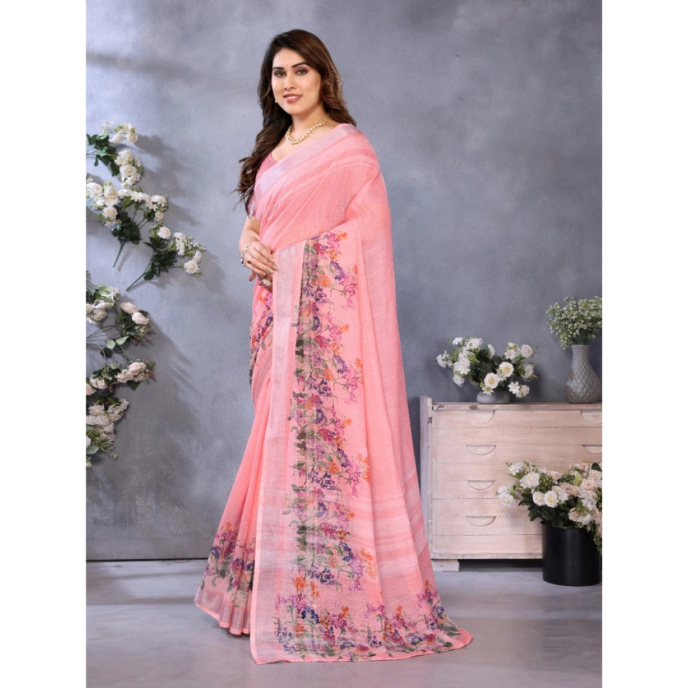 Traditional Women's Linen Cotton Printed Saree With Blouse Piece