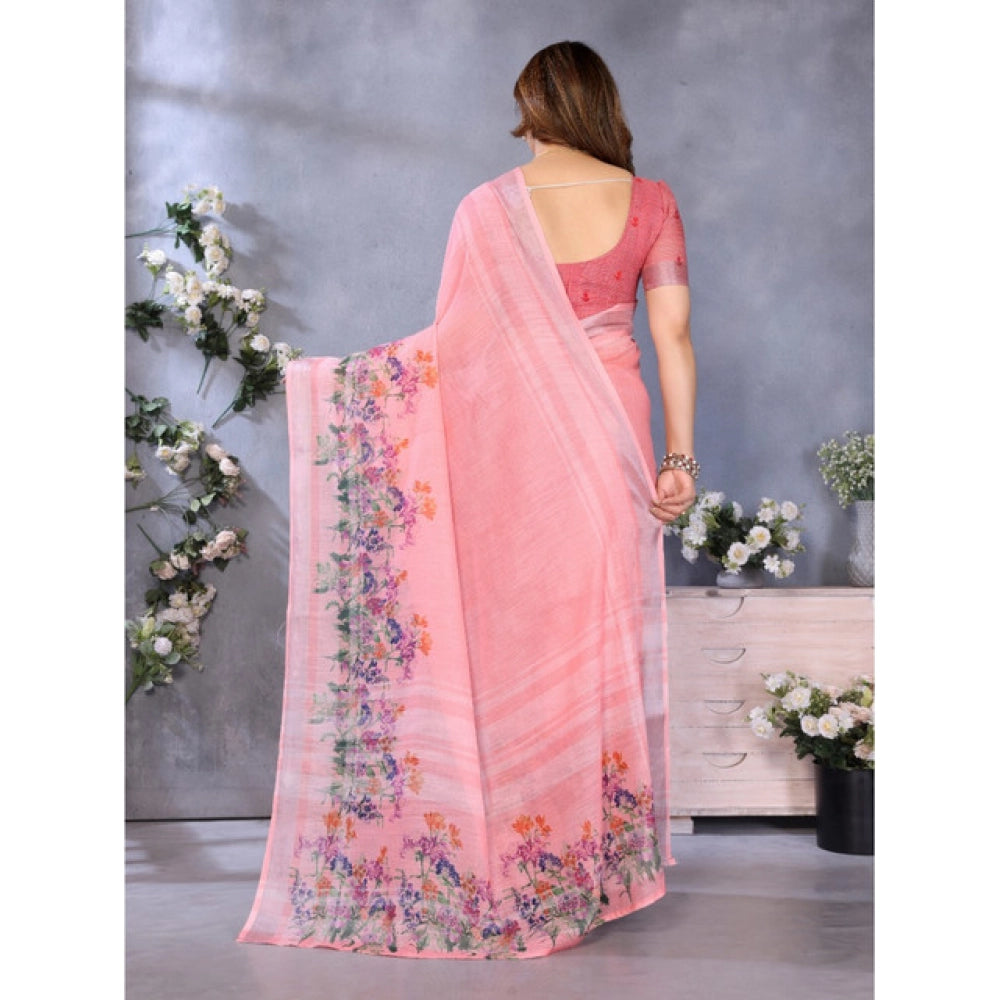 Traditional Women's Linen Cotton Printed Saree With Blouse Piece