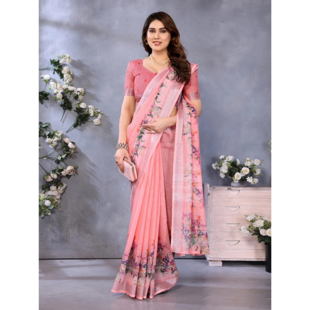 Traditional Women's Linen Cotton Printed Saree With Blouse Piece