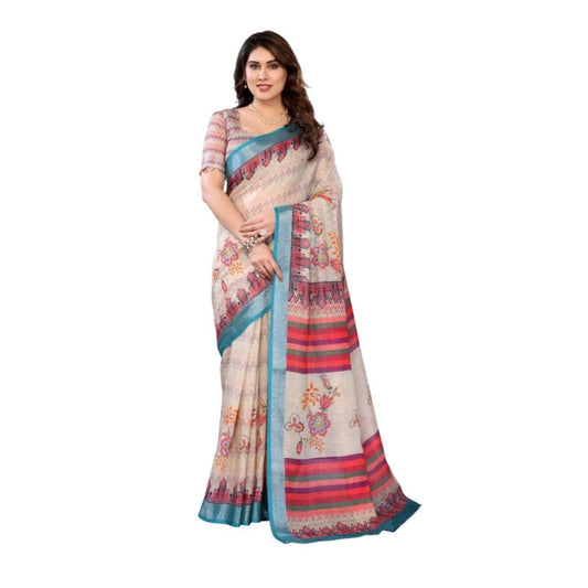 Traditional Women's Linen Cotton Printed Saree With Blouse Piece