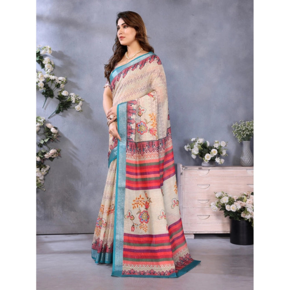 Traditional Women's Linen Cotton Printed Saree With Blouse Piece