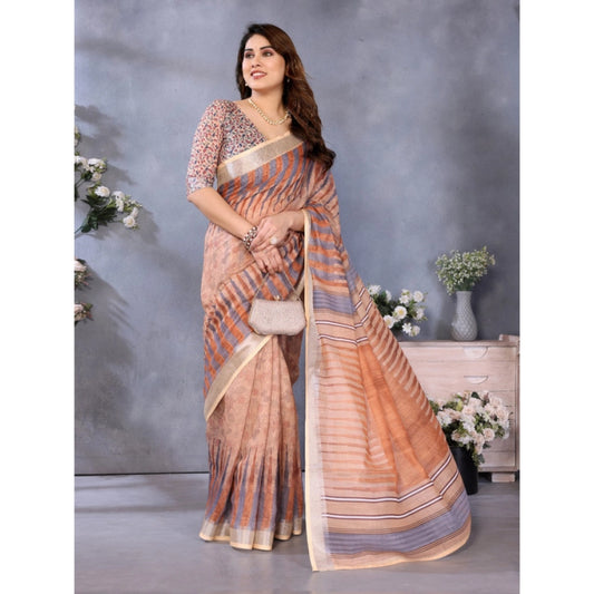 Traditional Women's Linen Cotton Printed Saree With Blouse Piece
