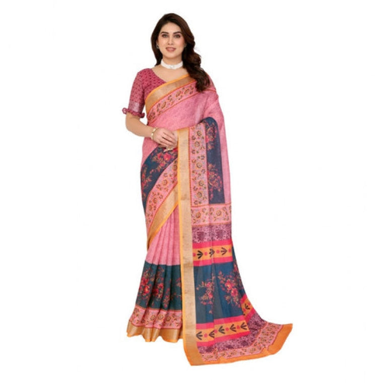 Traditional Women's Linen Cotton Printed Saree With Blouse Piece