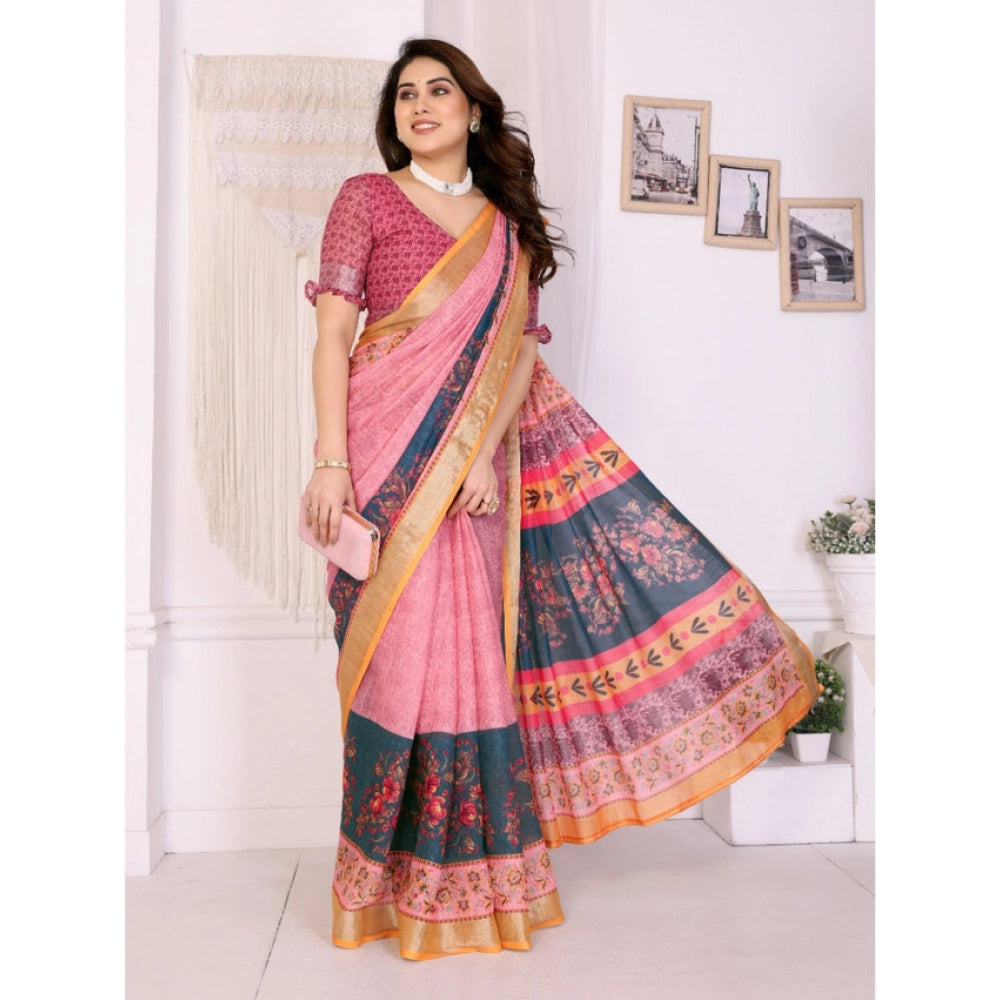 Traditional Women's Linen Cotton Printed Saree With Blouse Piece