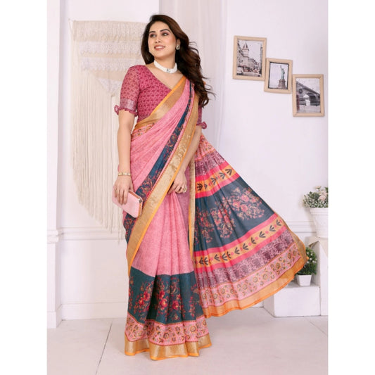 Traditional Women's Linen Cotton Printed Saree With Blouse Piece