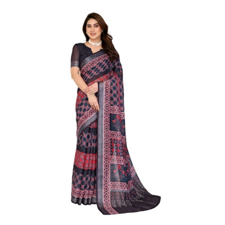 Traditional Women's Linen Cotton Printed Saree With Blouse Piece