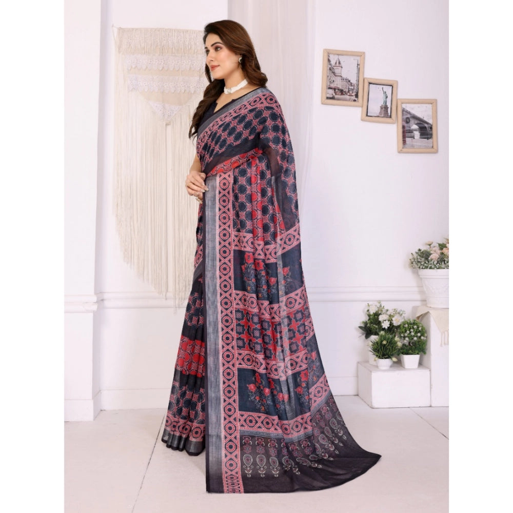 Traditional Women's Linen Cotton Printed Saree With Blouse Piece