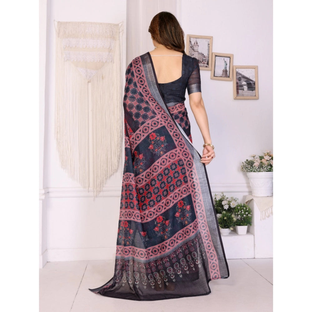 Traditional Women's Linen Cotton Printed Saree With Blouse Piece