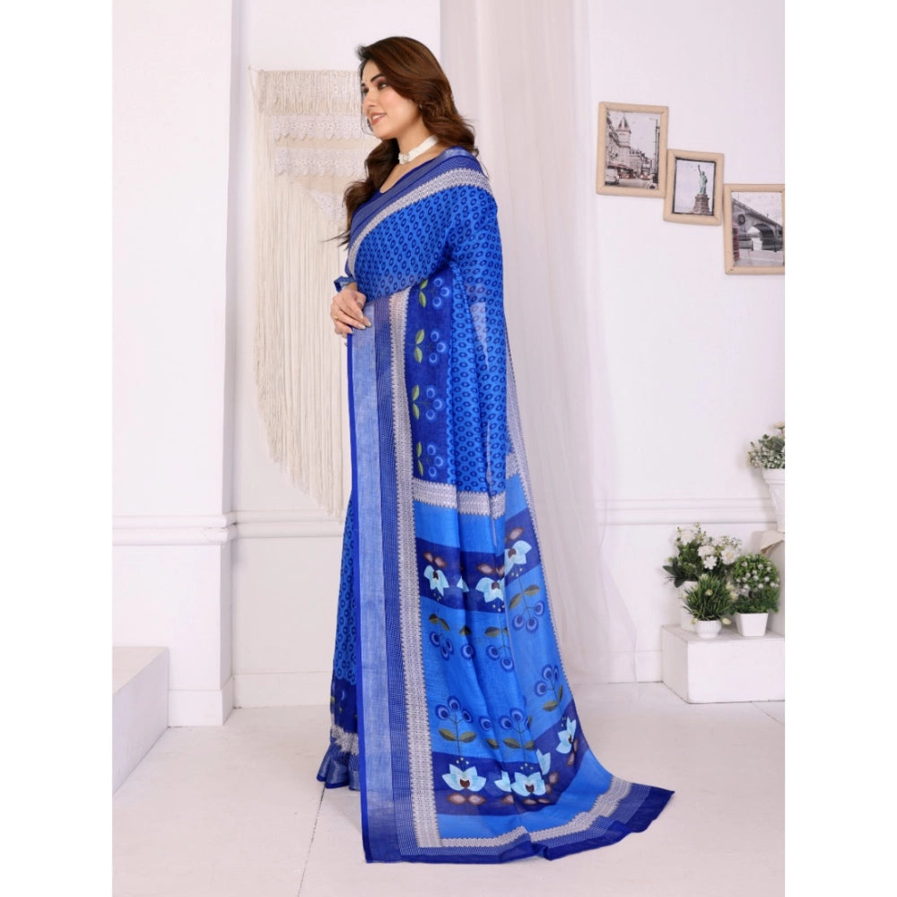 Traditional Women's Linen Cotton Printed Saree With Blouse Piece