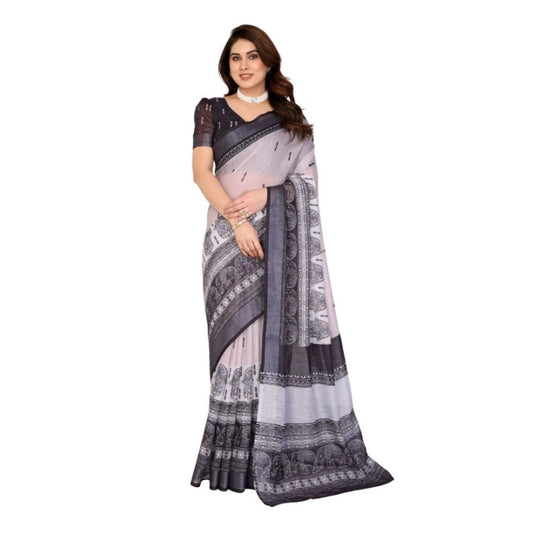 Traditional Women's Linen Cotton Printed Saree With Blouse Piece