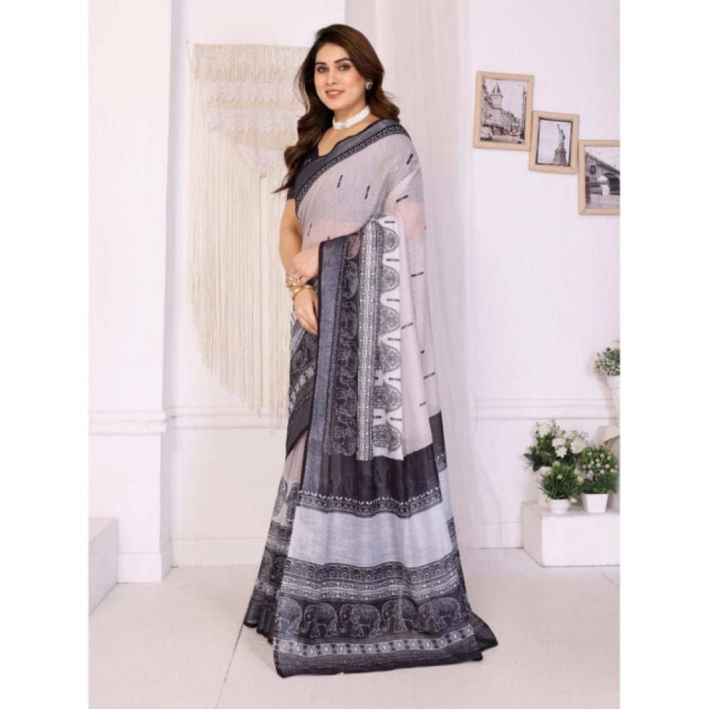 Traditional Women's Linen Cotton Printed Saree With Blouse Piece