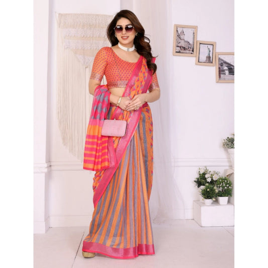 Traditional Women's Linen Cotton Printed Saree With Blouse Piece