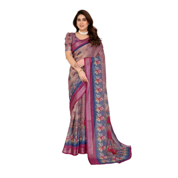 Traditional Women's Linen Cotton Printed Saree With Blouse Piece