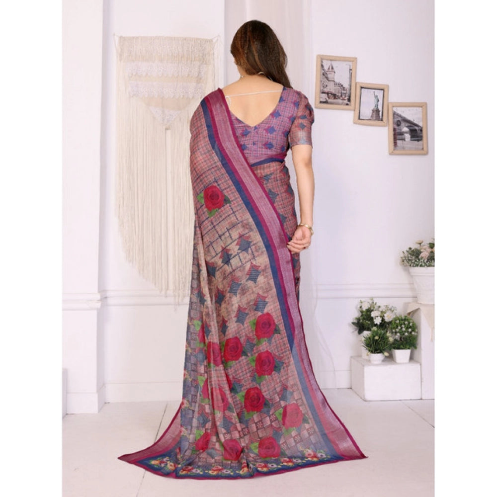 Traditional Women's Linen Cotton Printed Saree With Blouse Piece