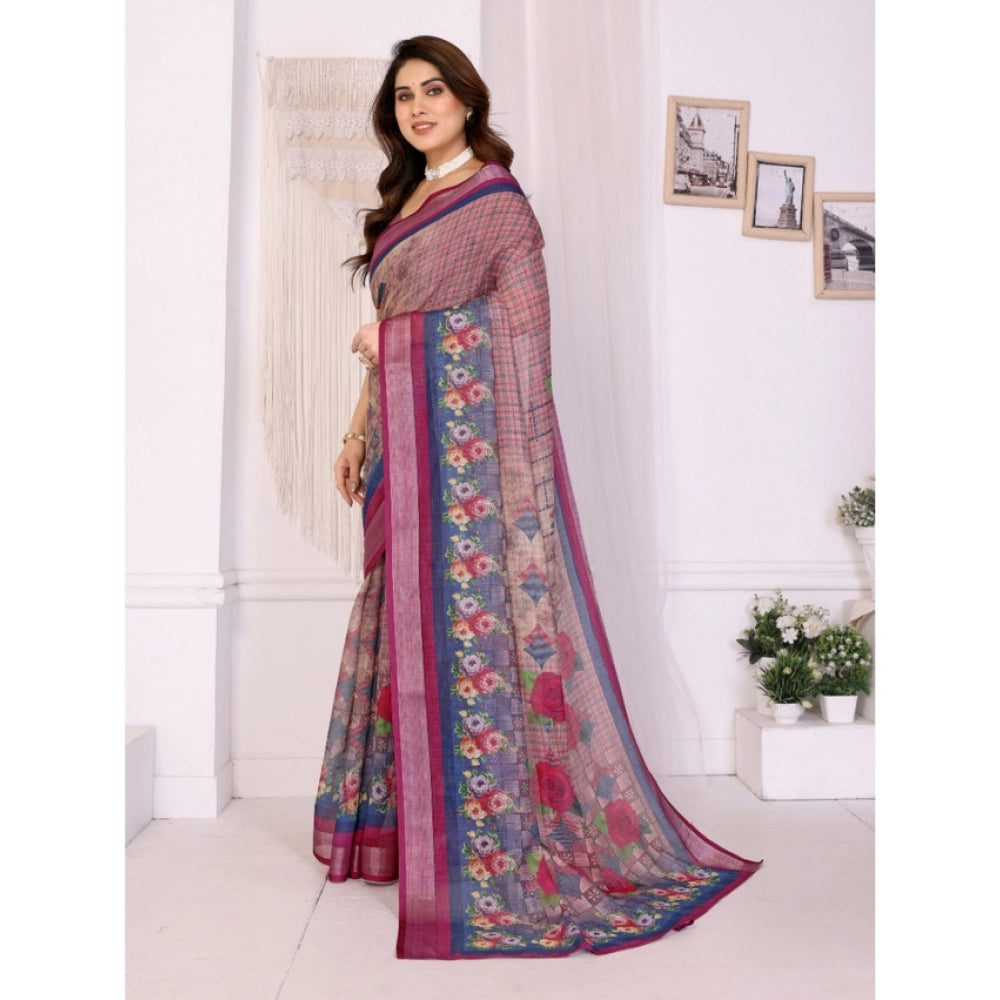 Traditional Women's Linen Cotton Printed Saree With Blouse Piece