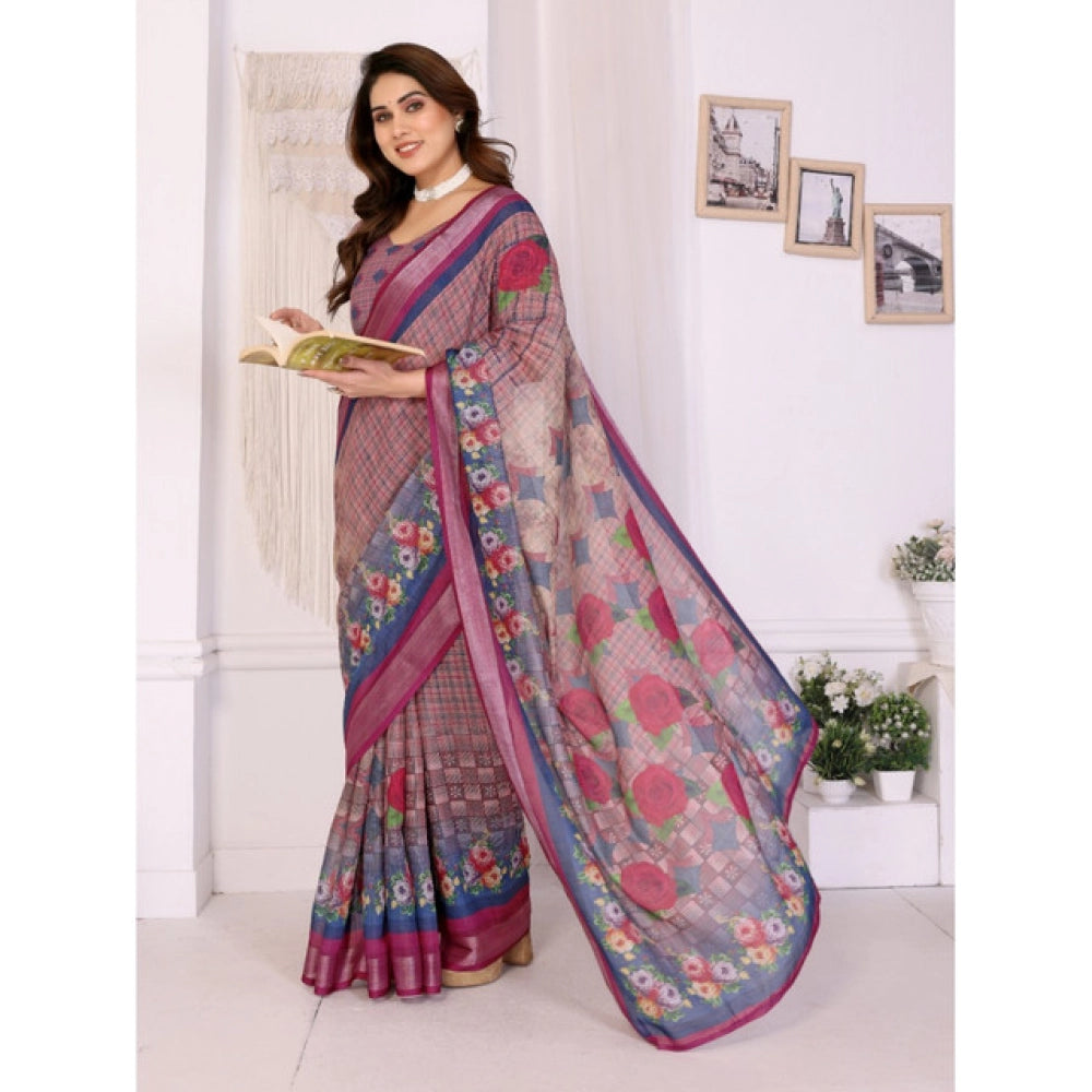 Traditional Women's Linen Cotton Printed Saree With Blouse Piece