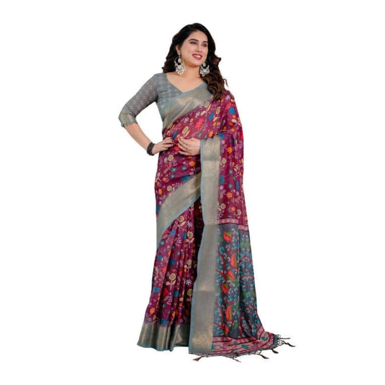 Precious Women's Linen Printed Saree With Blouse Piece