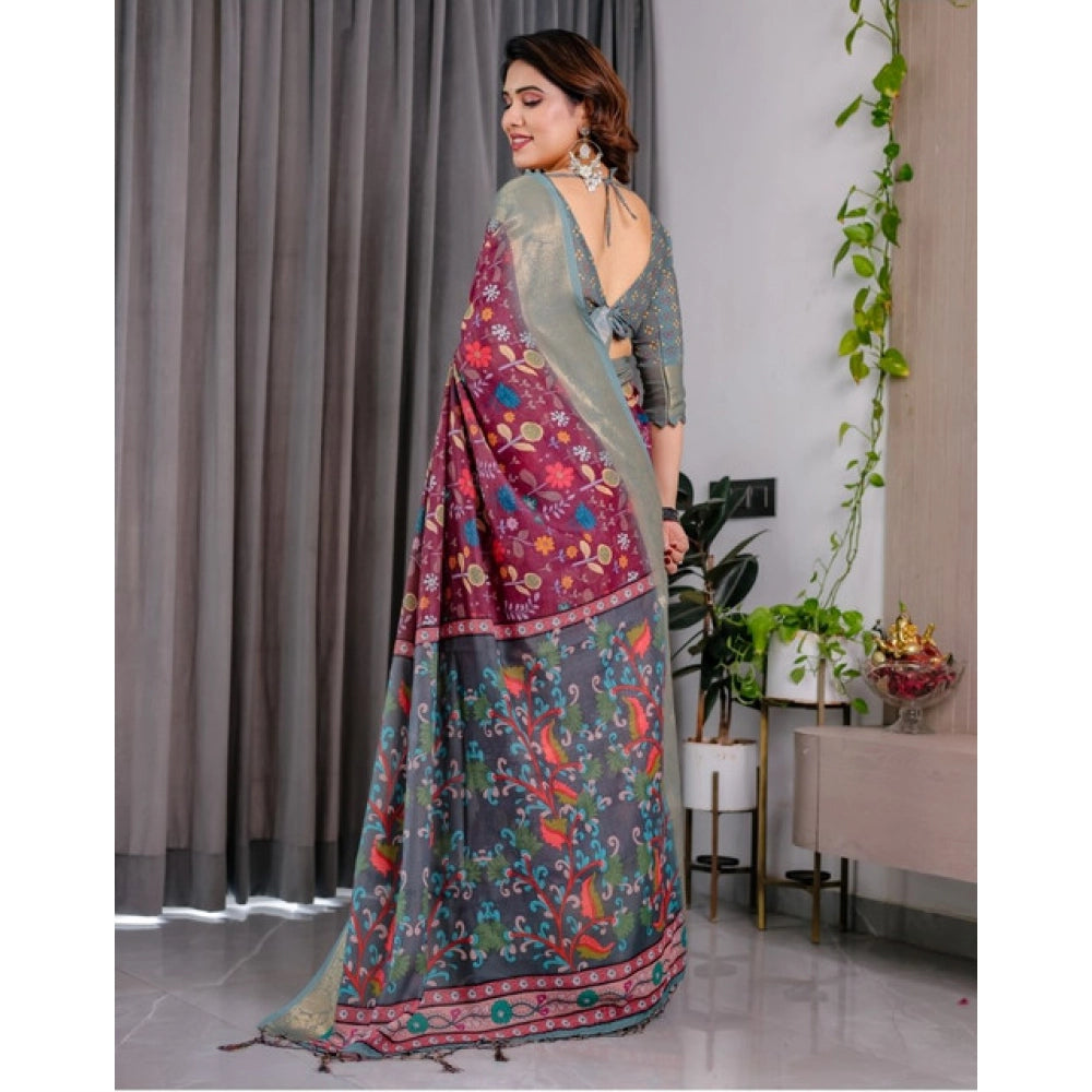 Precious Women's Linen Printed Saree With Blouse Piece