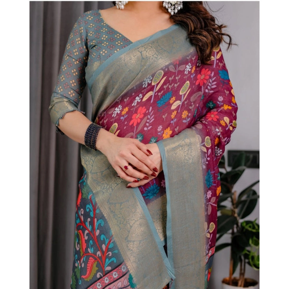 Precious Women's Linen Printed Saree With Blouse Piece
