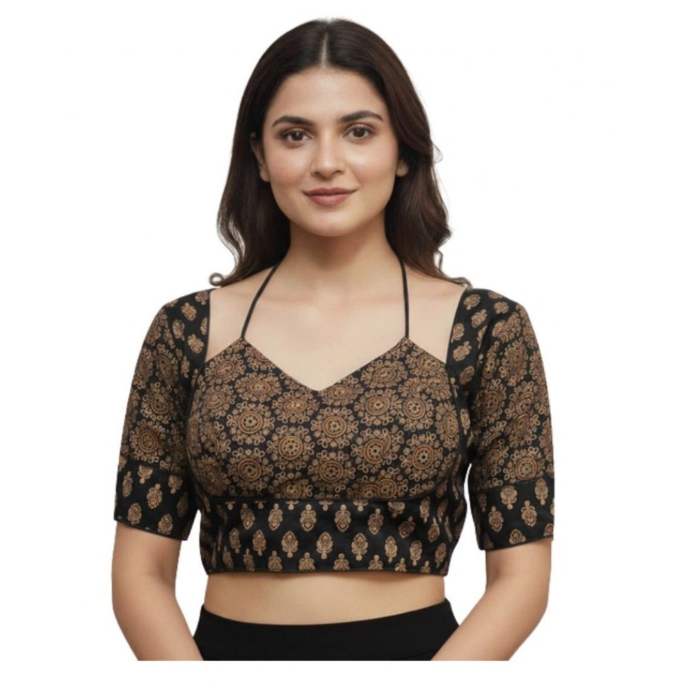 Trendy Women's Ajrakh Cotton Printed Sweetheart Padded Blouse (Black 38 Ready, Self Alterable 36 to 40)