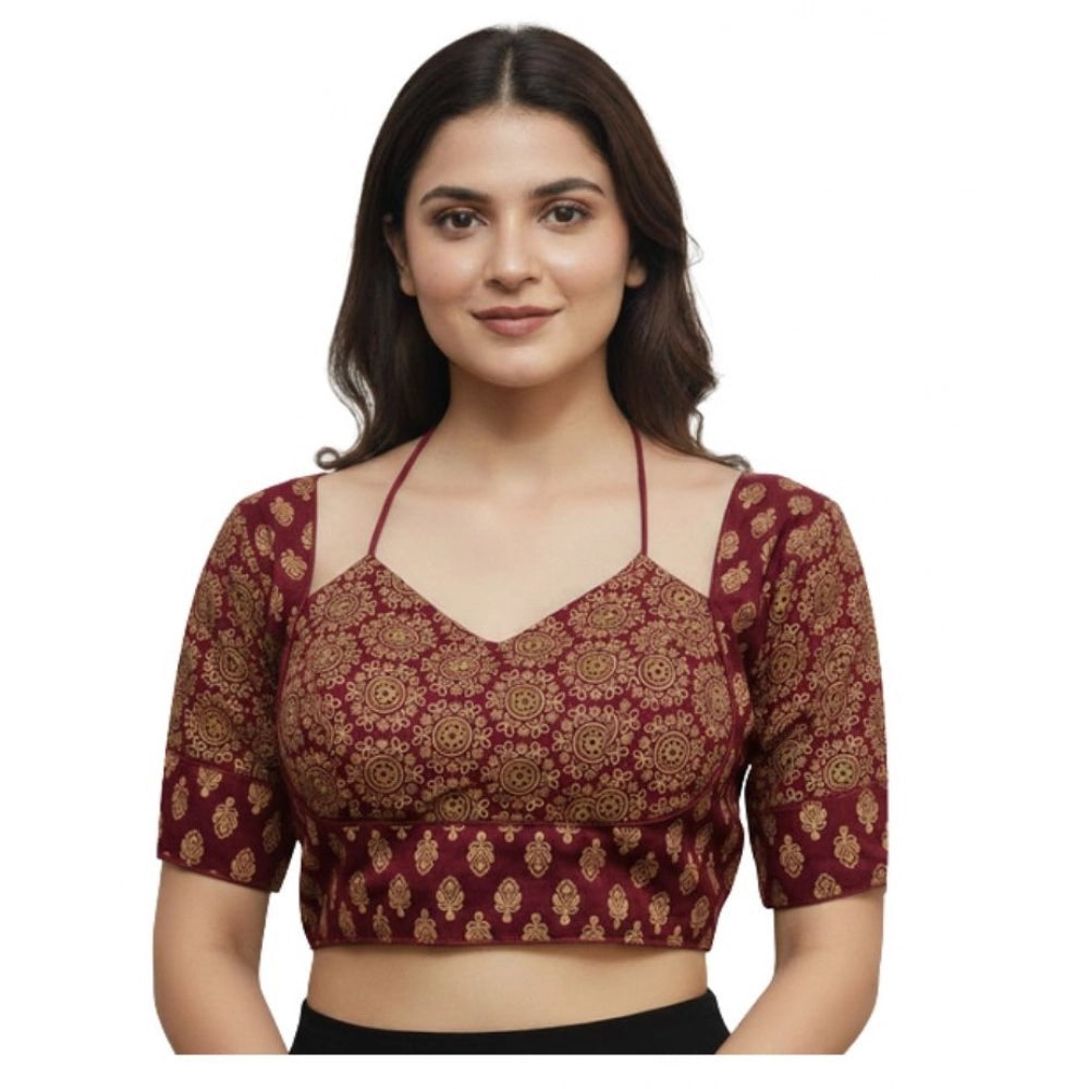Trendy Women's Ajrakh Cotton Printed Sweetheart Padded Blouse (Maroon 38 Ready, Self Alterable 36 to 40)