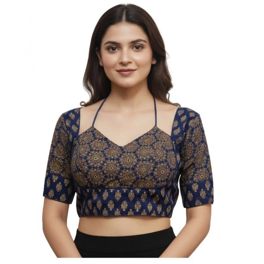 Trendy Women's Ajrakh Cotton Printed Sweetheart Padded Blouse (Navy 38 Ready, Self Alterable 36 to 40)