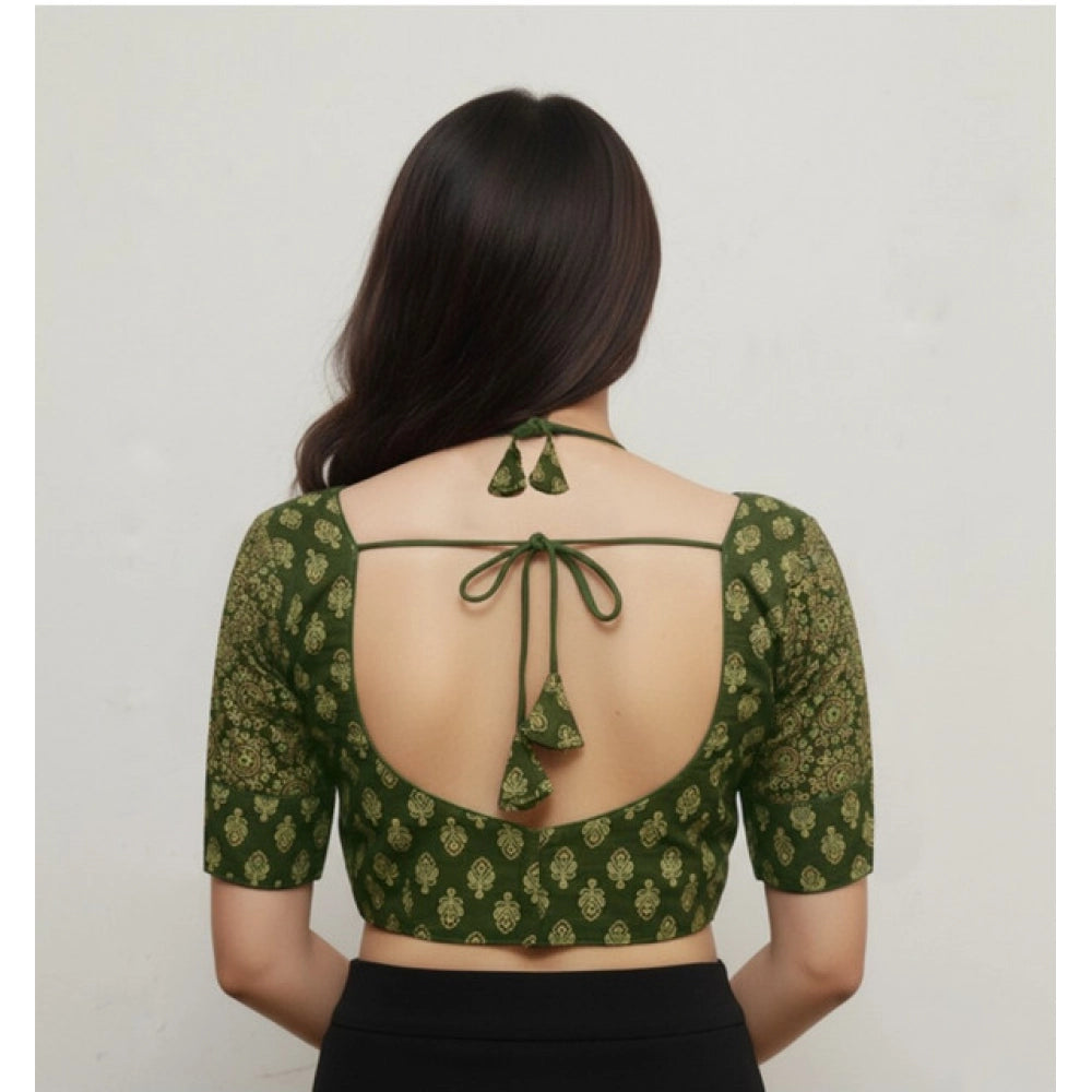 Trendy Women's Ajrakh Cotton Printed Sweetheart Padded Blouse (Olive 38 Ready, Self Alterable 36 to 40)