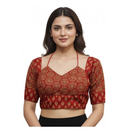 Trendy Women's Ajrakh Cotton Printed Sweetheart Padded Blouse (Red 38 Ready, Self Alterable 36 to 40)