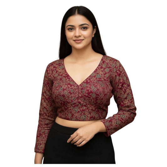 Trendy Women's Ajrakh Cotton Printed V-Neck Padded Blouse (Maroon 38 Ready, Self Alterable 36 to 40)
