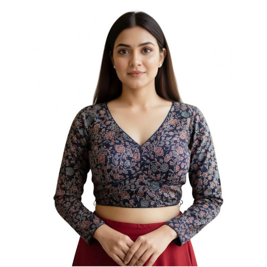 Trendy Women's Ajrakh Cotton Printed V-Neck Padded Blouse (Navy 38 Ready, Self Alterable 36 to 40)