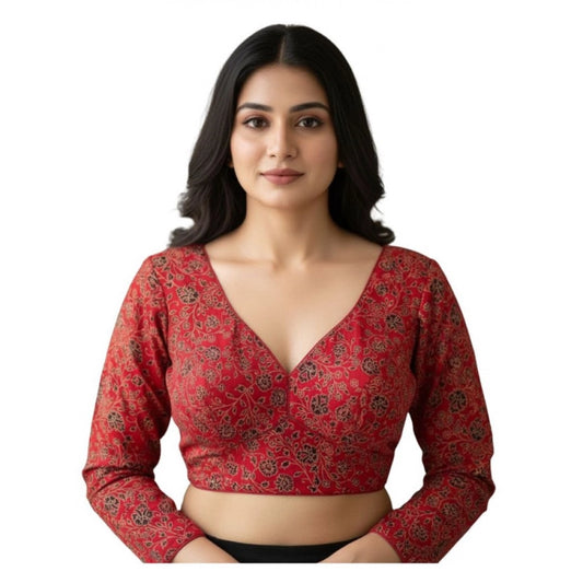 Trendy Women's Ajrakh Cotton Printed V-Neck Padded Blouse (Red 38 Ready, Self Alterable 36 to 40)