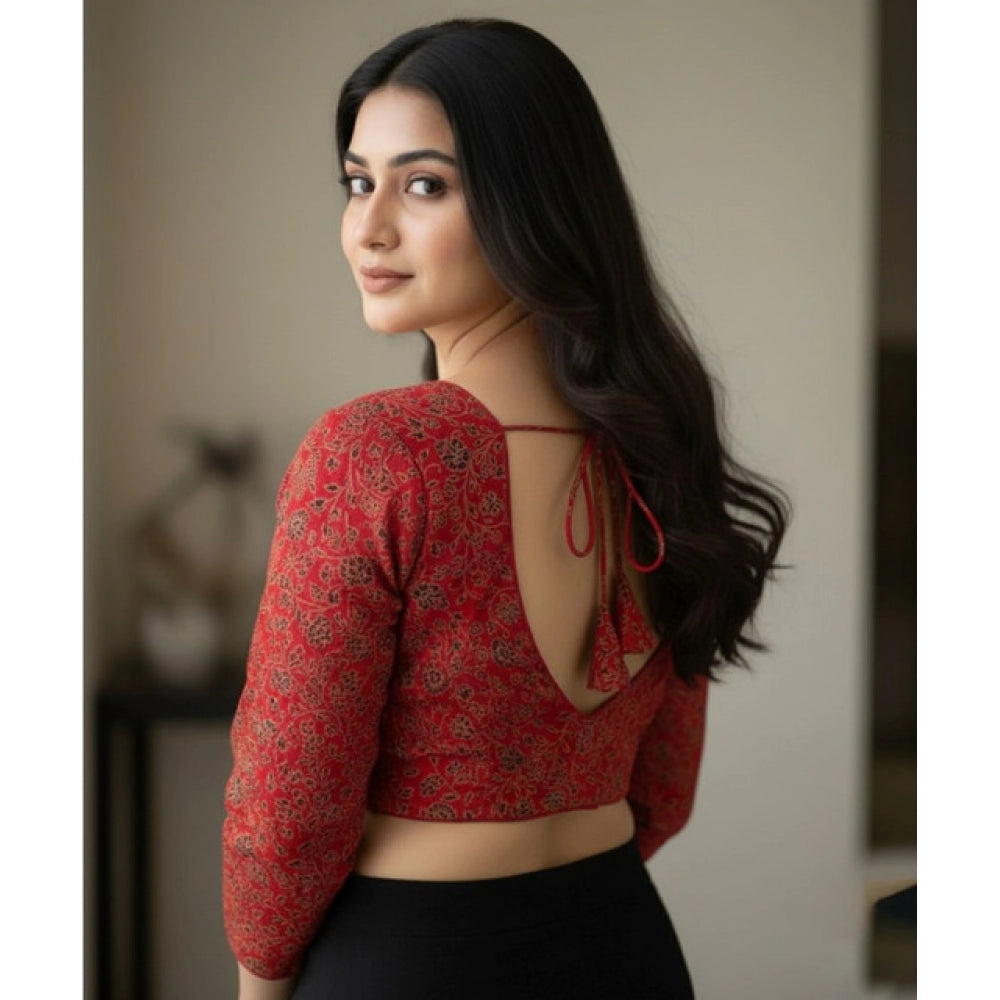Trendy Women's Ajrakh Cotton Printed V-Neck Padded Blouse (Red 38 Ready, Self Alterable 36 to 40)