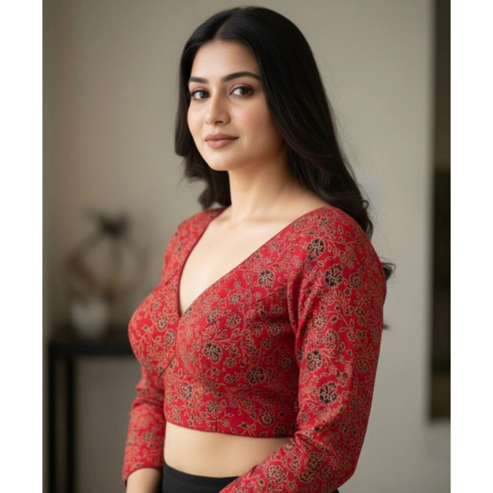 Trendy Women's Ajrakh Cotton Printed V-Neck Padded Blouse (Red 38 Ready, Self Alterable 36 to 40)
