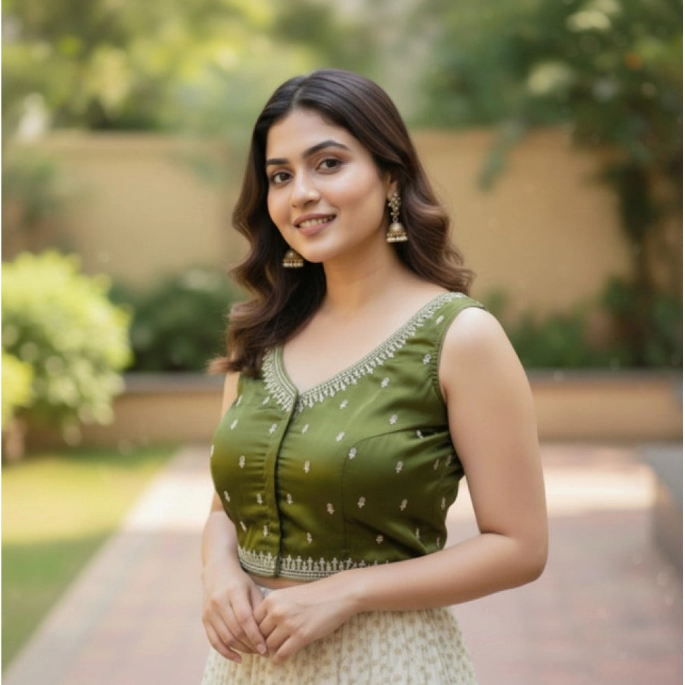 Graceful Women's Zimmi Choo Sequin Work V-Neck Padded Blouse (Olive 38 Ready, Self Alterable 36 to 40)