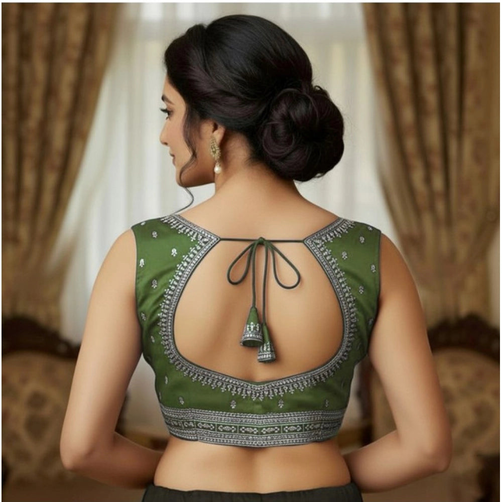 Graceful Women's Zimmi Choo Sequin Work V-Neck Padded Blouse (Olive 38 Ready, Self Alterable 36 to 40)