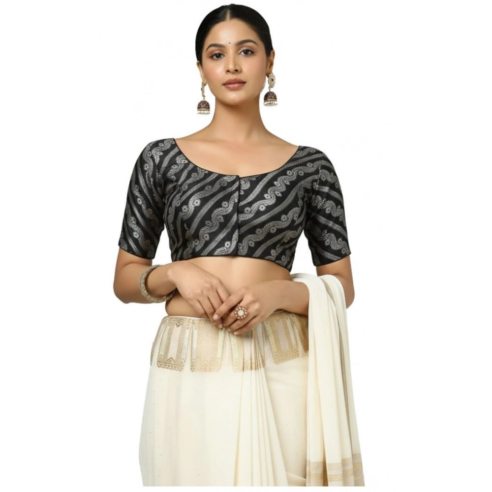 Classy Women's Jacquard Zari Round Neck Padded Blouse (Black 38 Ready, Self Alterable 36 to 40)