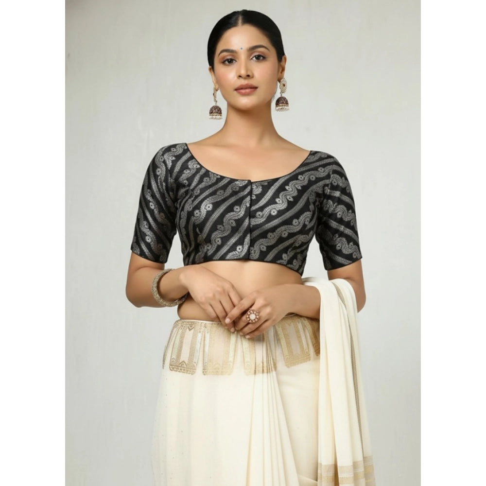 Classy Women's Jacquard Zari Round Neck Padded Blouse (Black 38 Ready, Self Alterable 36 to 40)