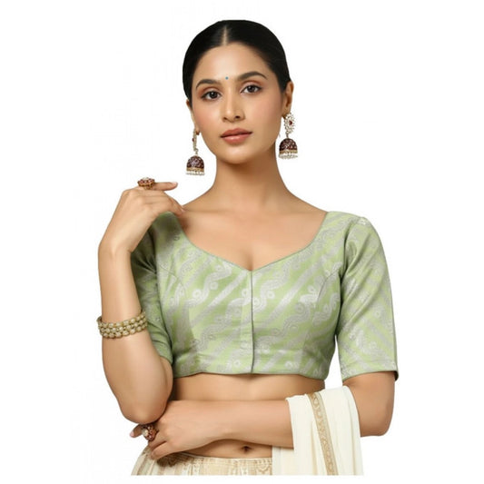 Classy Women's Jacquard Zari Round Neck Padded Blouse (Light Green 38 Ready, Self Alterable 36 to 40)