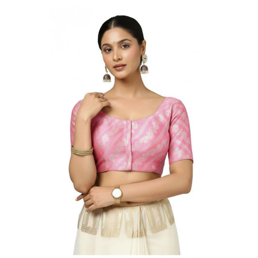 Classy Women's Jacquard Zari Round Neck Padded Blouse (Light Pink 38 Ready, Self Alterable 36 to 40)