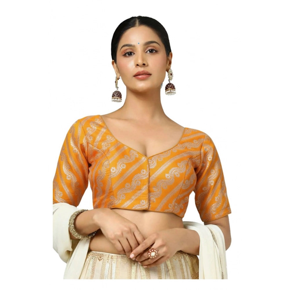 Classy Women's Jacquard Zari Round Neck Padded Blouse (Orange 38 Ready, Self Alterable 36 to 40)