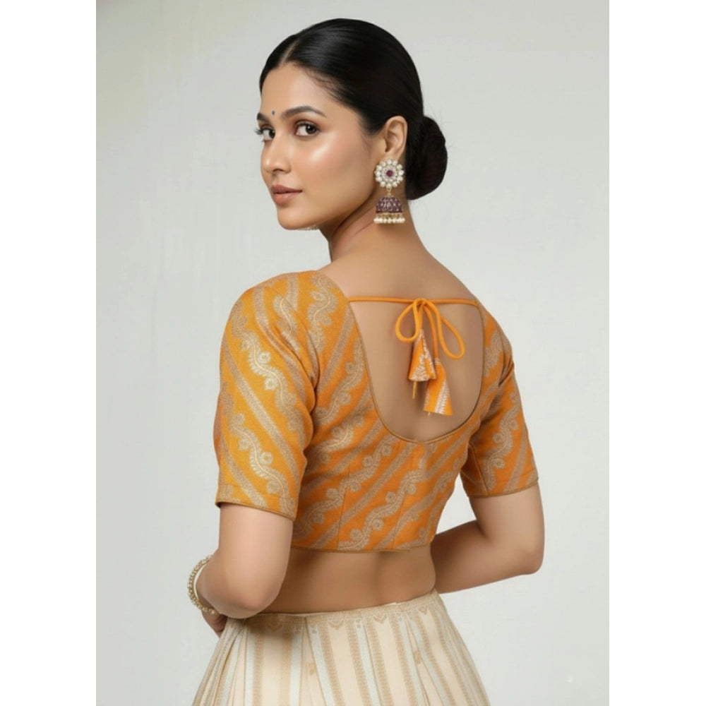 Classy Women's Jacquard Zari Round Neck Padded Blouse (Orange 38 Ready, Self Alterable 36 to 40)