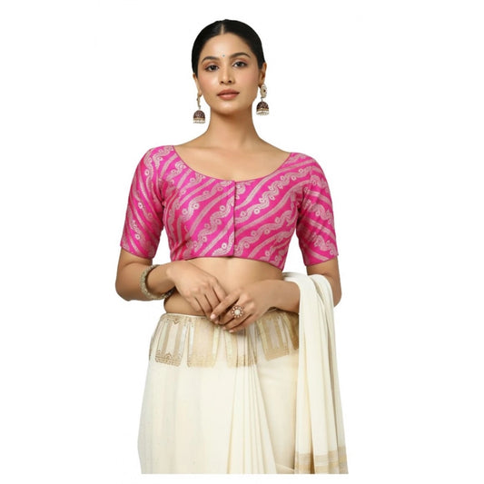 Classy Women's Jacquard Zari Round Neck Padded Blouse (Pink 38 Ready, Self Alterable 36 to 40)