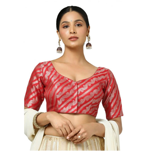 Classy Women's Jacquard Zari Round Neck Padded Blouse (Red 38 Ready, Self Alterable 36 to 40)