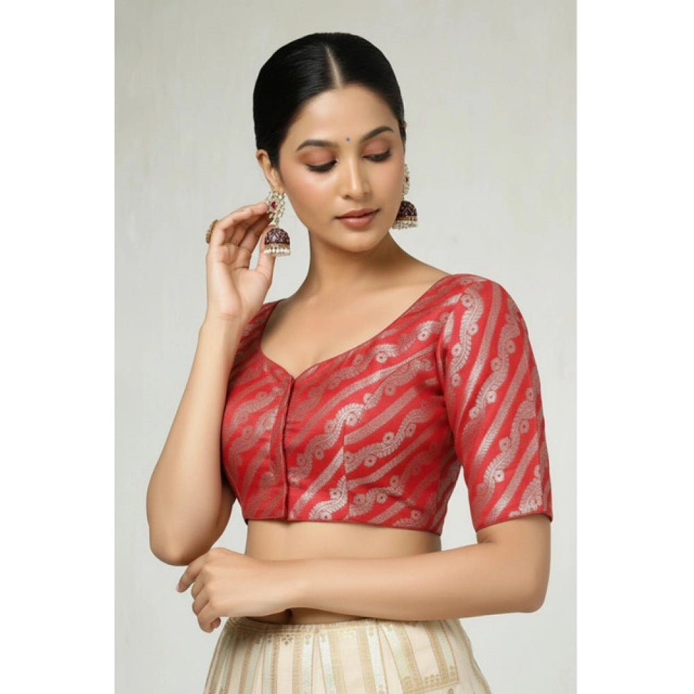 Classy Women's Jacquard Zari Round Neck Padded Blouse (Red 38 Ready, Self Alterable 36 to 40)