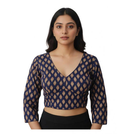 Wonderful Women's Ajrakh Cotton Printed Halter Neck Padded Blouse (Navy 38 Ready, Self Alterable 36 to 40)