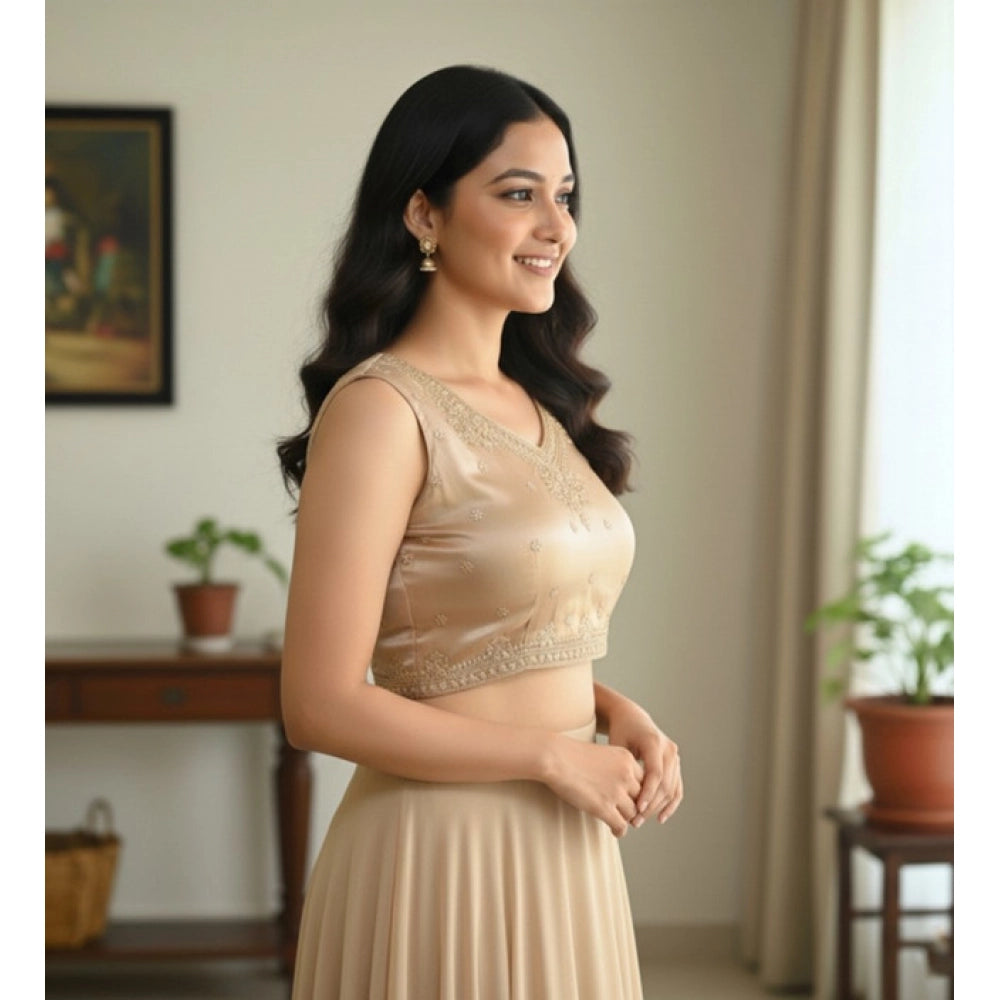 Wonderful Women's Zimmi Choo Embroidered V-Neck Padded Blouse (Beige 38 Ready, Self Alterable 36 to 40)