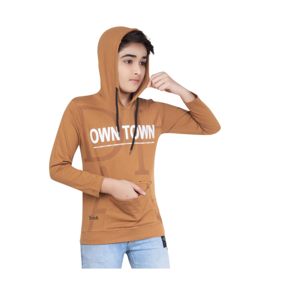 Attractive Boy's Cotton Printed Hooded Neck Hoodies (Brown)